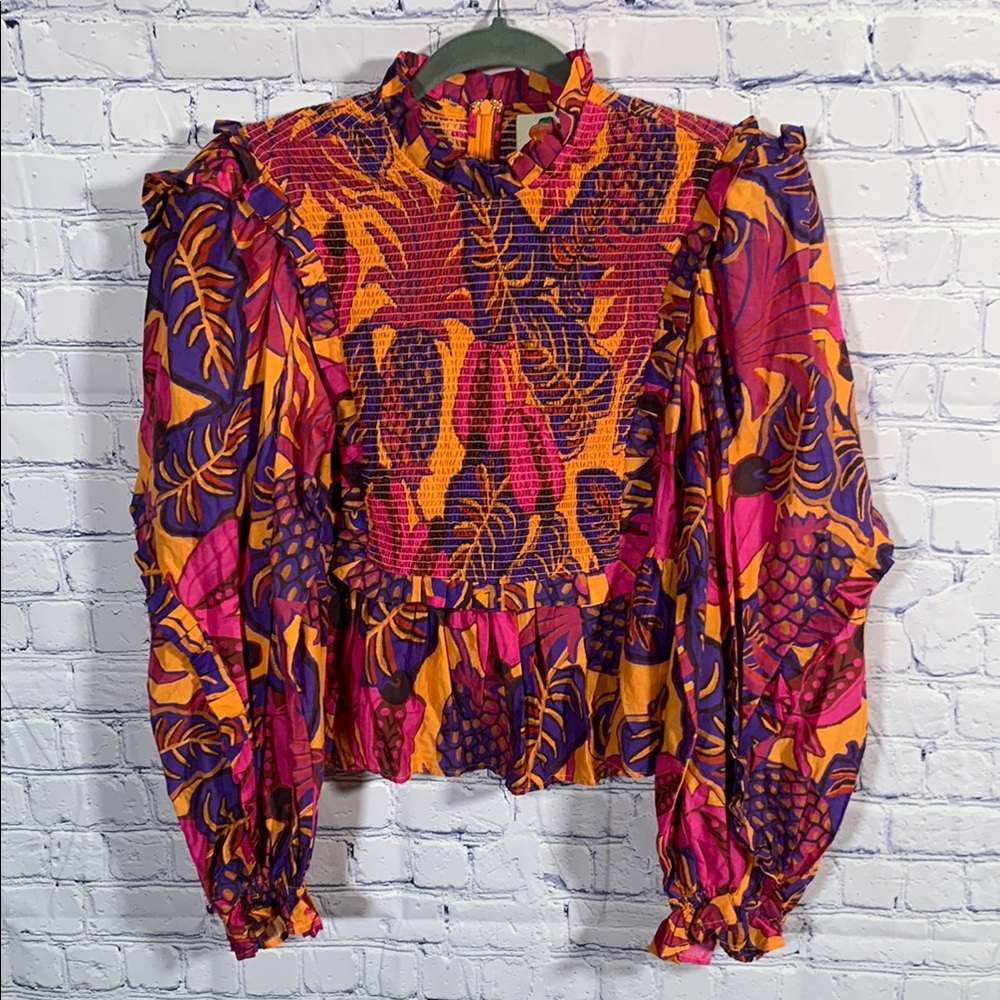 Farm Rio Fruit Dream Smocked Cotton Peplum Blouse Multicolor Print Size XS NWT